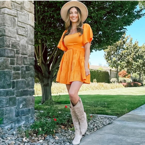 Tangerine Square Neck Cutout Waist Flutter Sleeve Cotton Dress - NWT - Picture 2 of 13